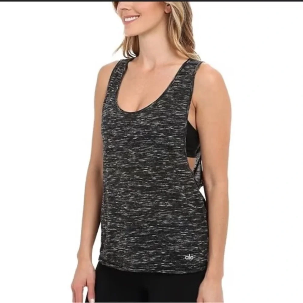 Alo Yoga Women's Marina Marbled Black And Gray Tank Size Large